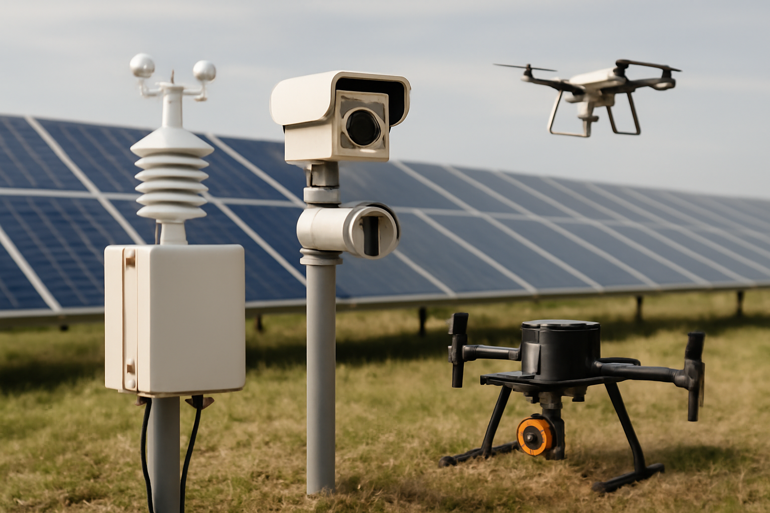 Image éditoriale illustrant un système de surveillance automatique de panneaux solaires avec capteurs, caméras thermiques et drones dans une ferme solaire.