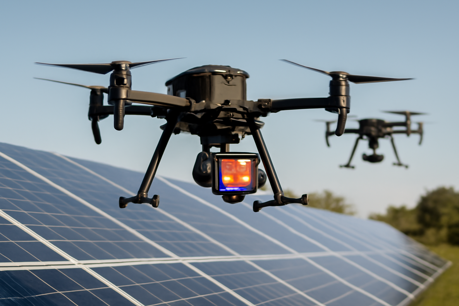Système de surveillance automatisée par IA utilisant des drones et caméras thermiques pour inspecter des panneaux solaires en extérieur