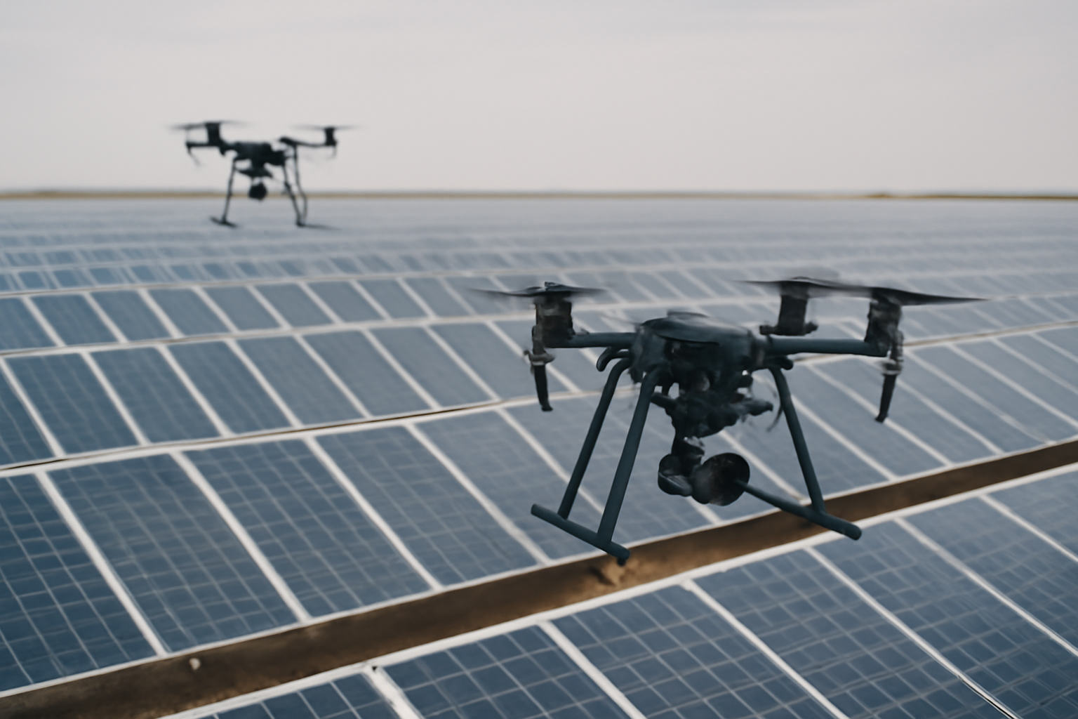 Drones inspectant des panneaux solaires dans un grand parc photovoltaïque